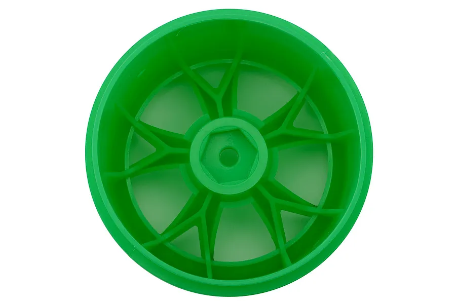 A single bright green plastic RC monster truck wheel rim viewed straight-on against a plain white background.