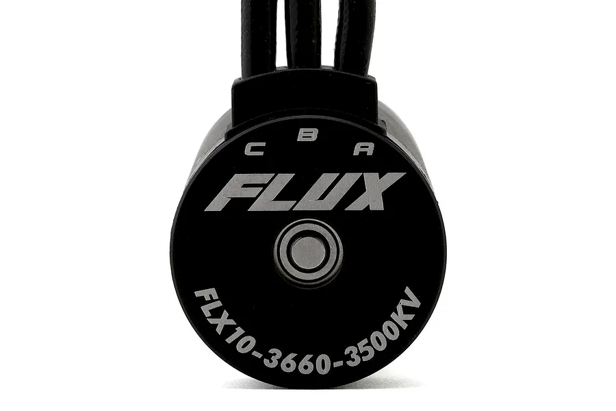 Close-up of the rear end cap of a black Maverick FLX10 3660 3500kV brushless motor showing the wire terminals marked A, B, C and FLX10-3660-3500KV text.