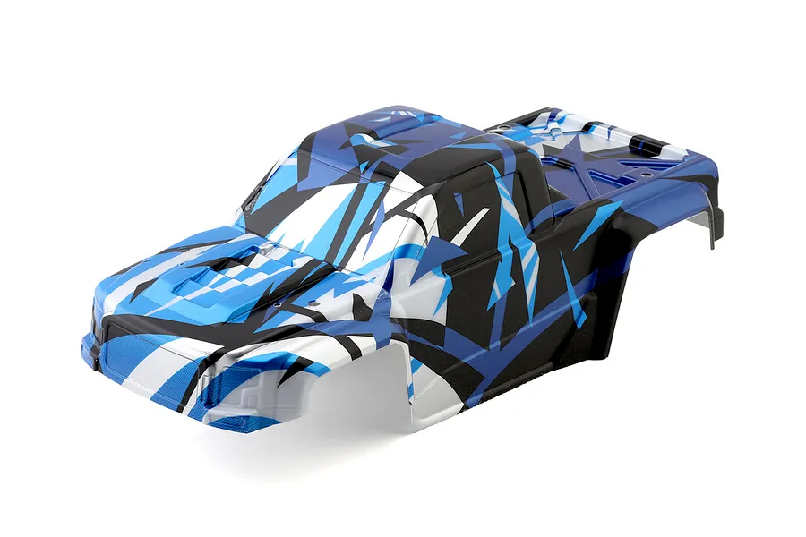 Pre-painted blue, black, and white graphic RC truck body shell for Maverick Quantum2 MT.