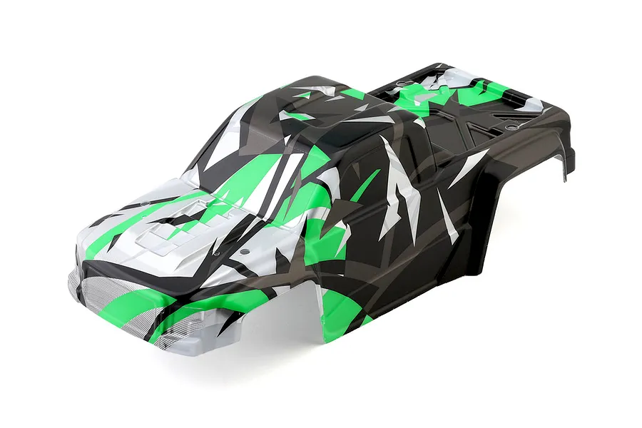Pre-painted green, black, and white monster truck body shell for a 1/10 scale RC car, viewed from above.