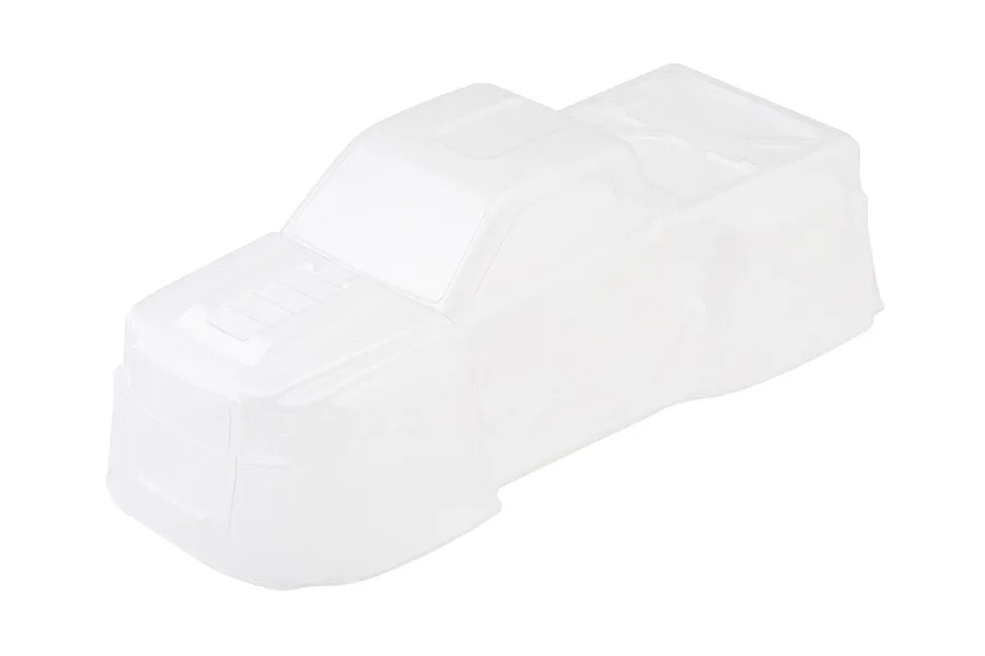 Clear unpainted RC monster truck body shell shown from a high-angle studio shot against a white background.