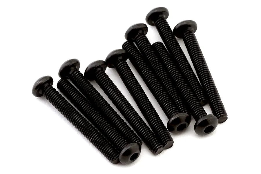 A set of ten black button head hex socket screws arranged neatly against a plain white background.