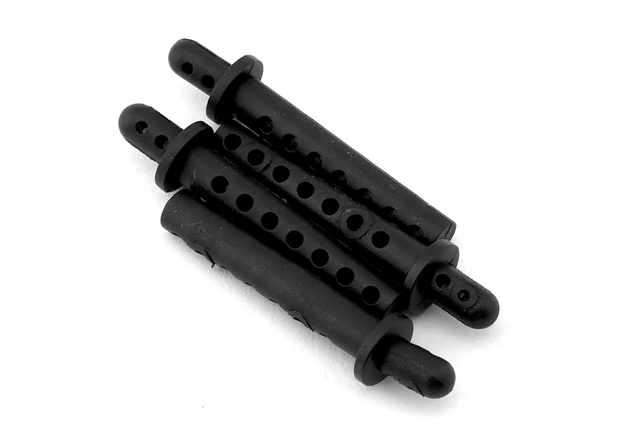 A set of four black plastic RC body mount posts featuring multiple adjustment holes on a clean white background.