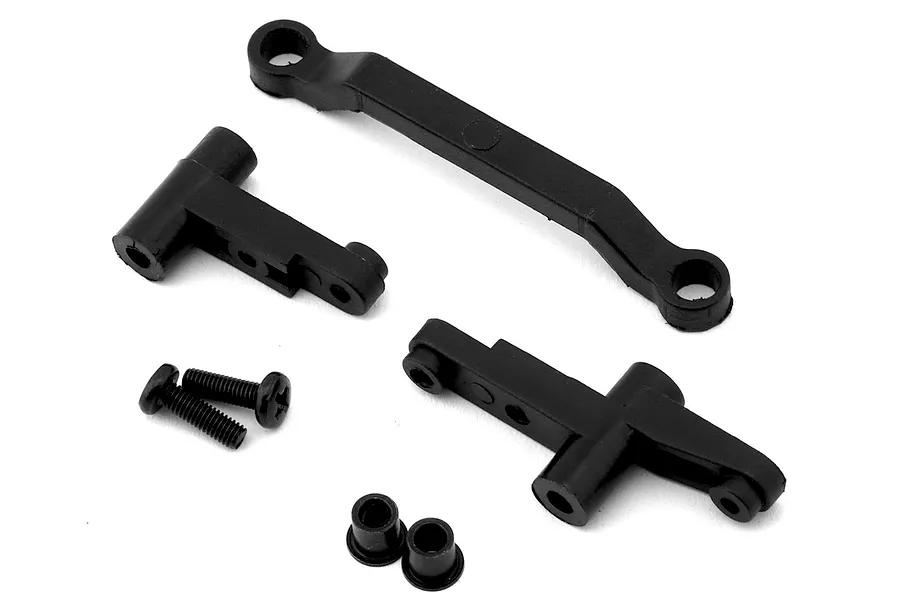 Maverick Front Steering Arm Assembly components including plastic link rods, steering arms, small screws, and bushings on a white background.