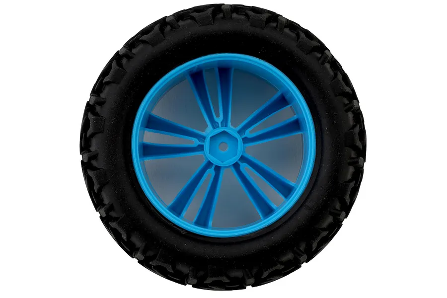 Maverick 1/10 Phantom MT monster truck tyre mounted on a bright blue multi-spoke plastic rim against a plain white background.