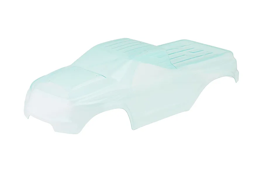 Clear unpainted RC monster truck body shell shown isolated on a plain white background.