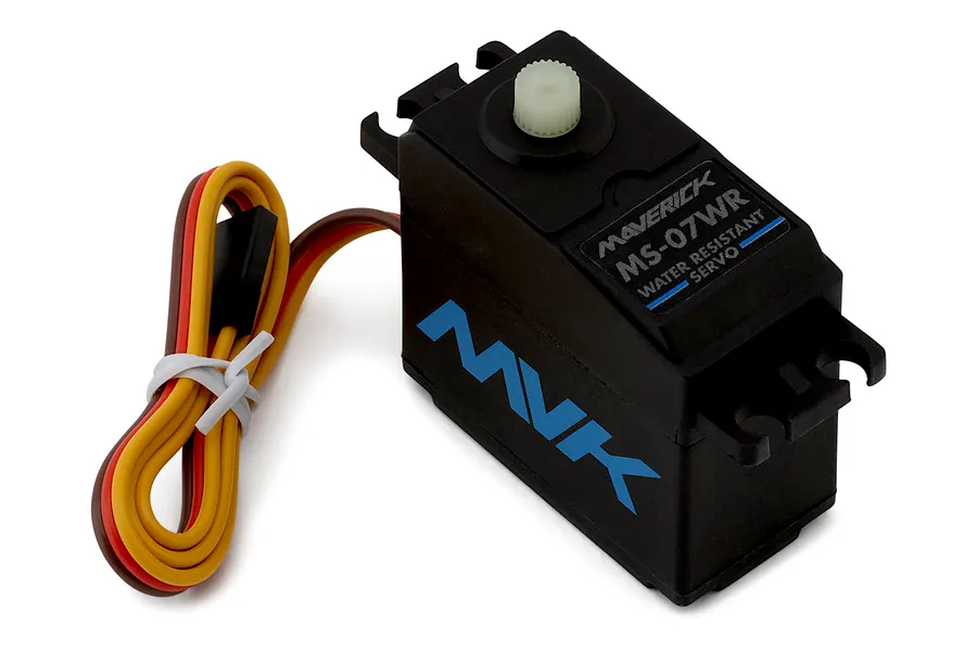 Maverick MS-07WR water resistant standard servo with black plastic case and coiled wire harness.