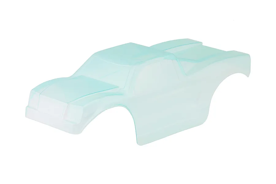 Clear unpainted RC truggy body shell shown from a high angle against a plain white background.