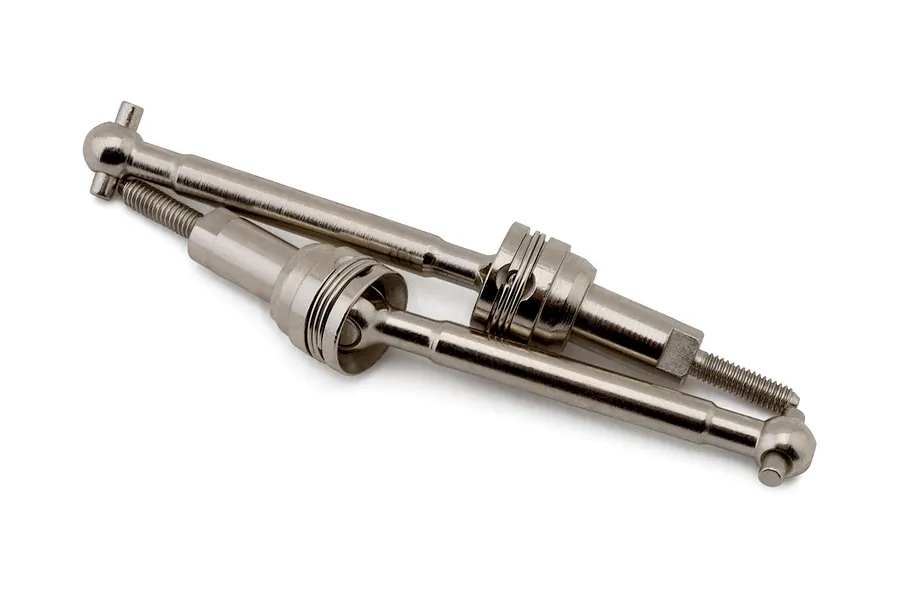 Two silver metal universal driveshafts for RC vehicles displayed against a plain white background.