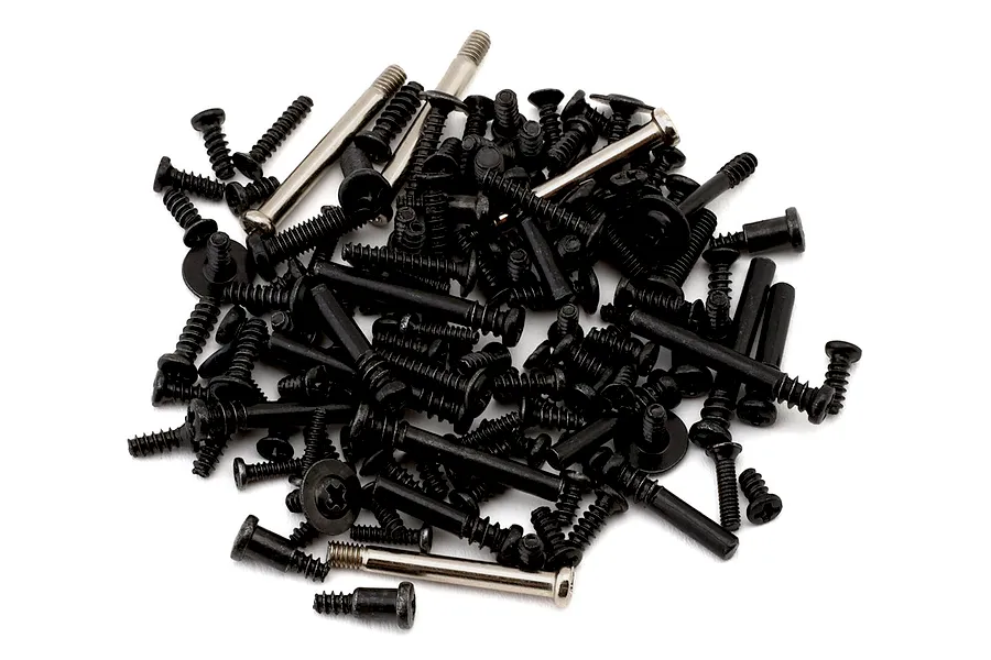 A pile of various black and silver metal RC hardware screws, bolts, and pins on a white background.