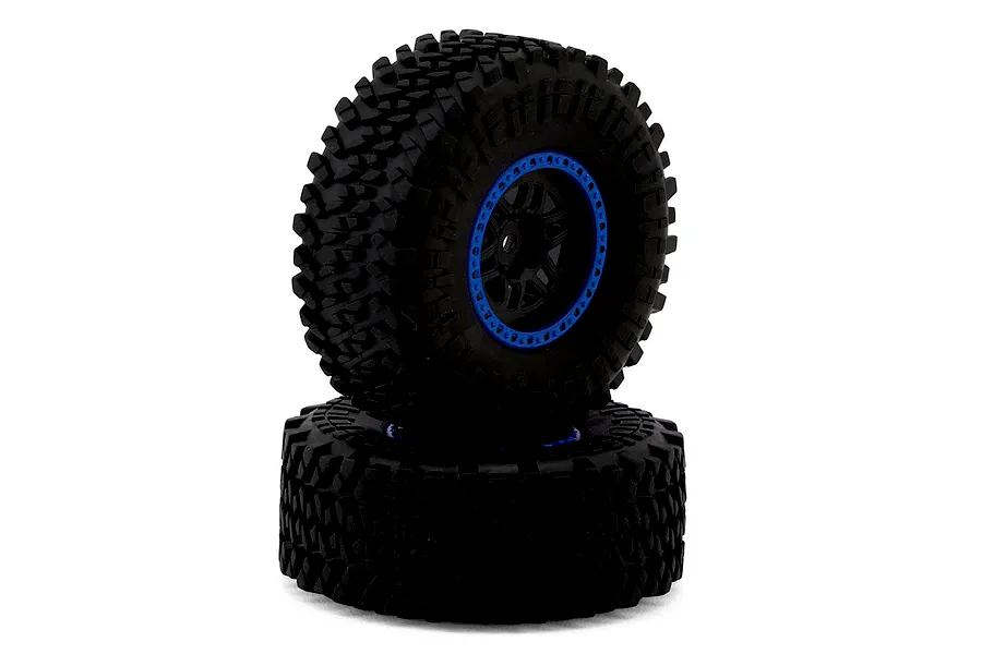 Two black RC rubber tyres mounted on 12-spoke black rims with blue outer rings, stacked against a white background.