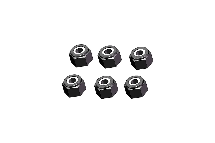Six dark metallic nyloc nuts with white nylon inserts arranged in two rows of three against a clean white background.