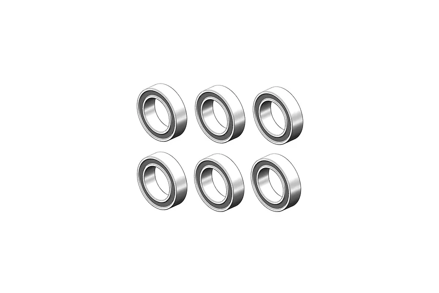 A studio diagram showing six metal rubber shielded ball bearings arranged in two rows of three against a white background.