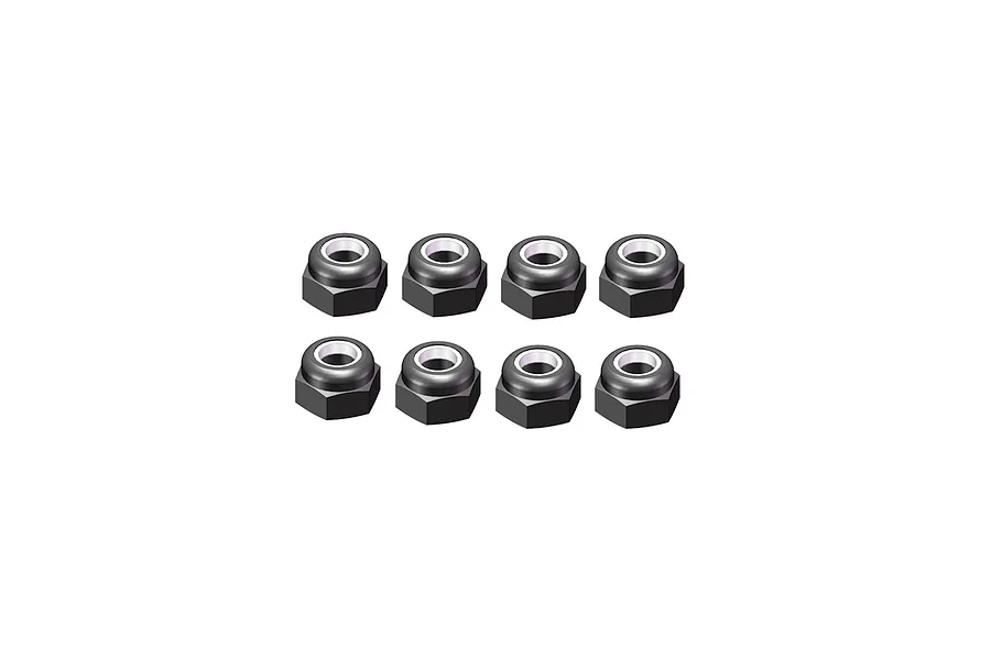 Eight black nyloc nuts with integrated nylon inserts arranged neatly in two rows against a clean white background.