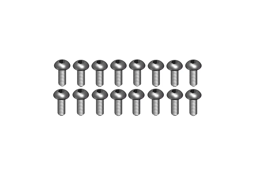 A set of sixteen metal button head screws with hex drive arranged in two neat rows against a plain white background.