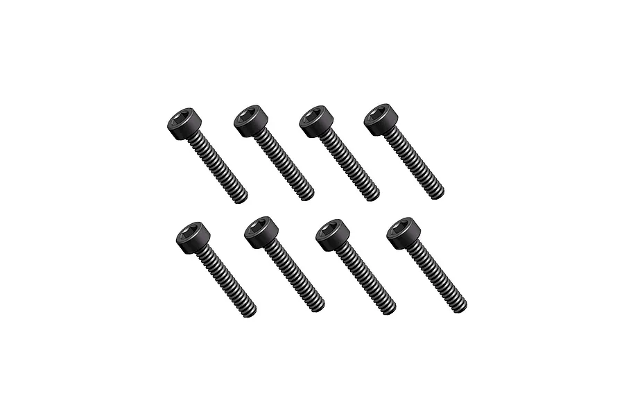 Eight black metal cap head screws arranged in two rows of four against a clean white background.