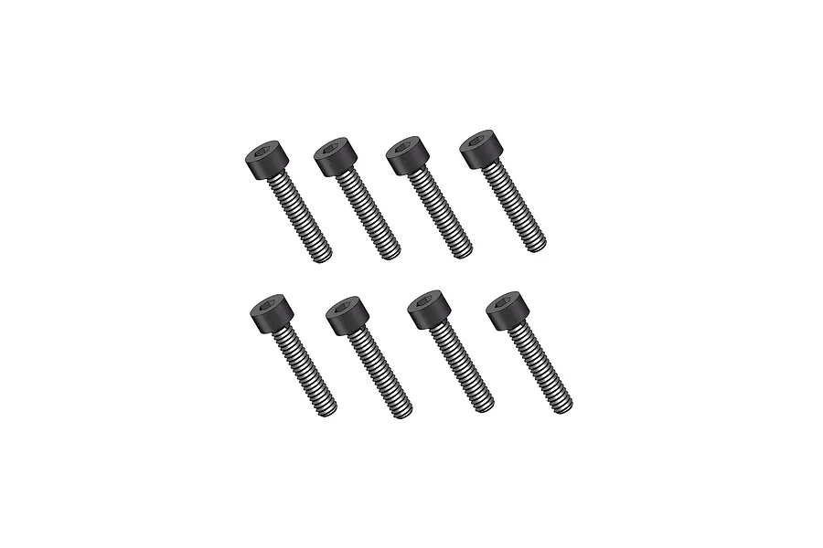 Studio product view of eight RGT fine thread cap head screws arranged in two rows against a clean white background.