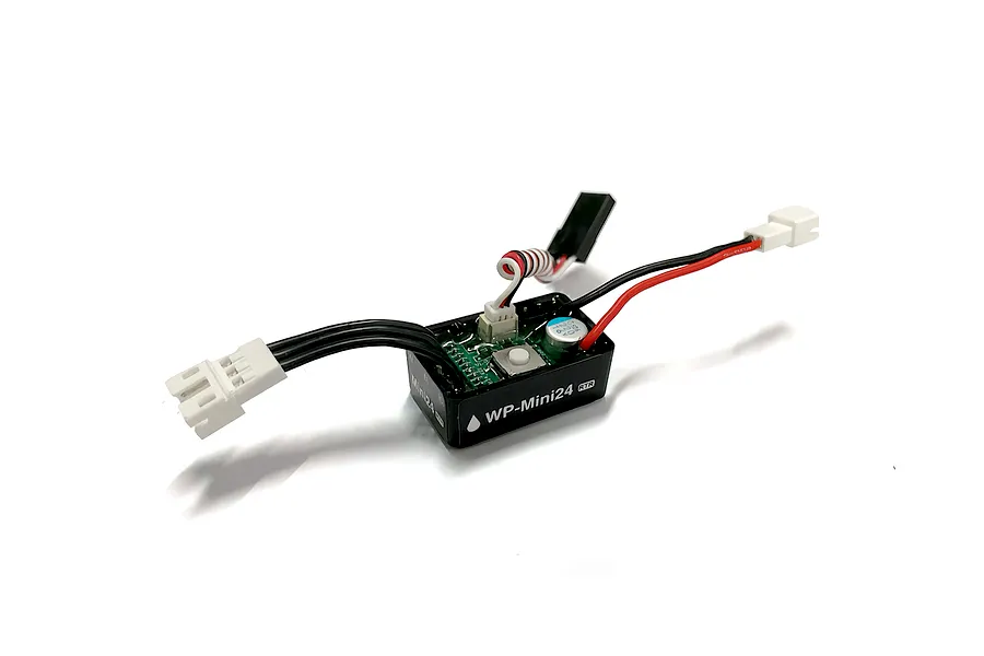 RGT WP-Mini24 waterproof brushless ESC featuring attached wiring harnesses and white connectors against a plain white background.