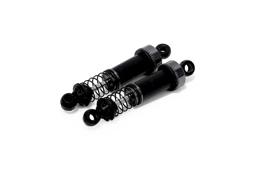 Two black RC shock absorbers with coil springs and mounting eyes presented on a clean white background.