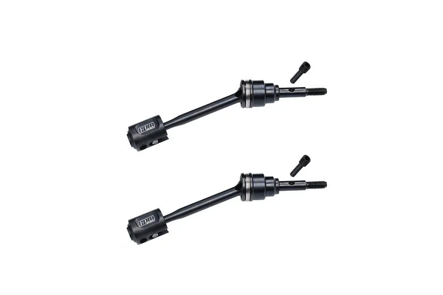 Two black metal CVD driveshafts with grub screws from GPM Racing against a clean white background.