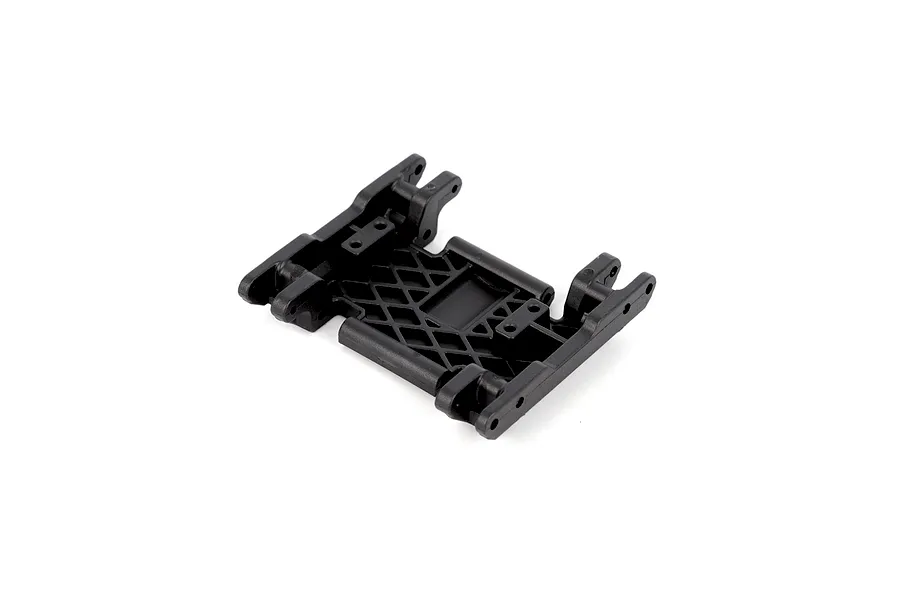 Black moulded plastic RGT RC chassis mount shown from an elevated angle on a white background.