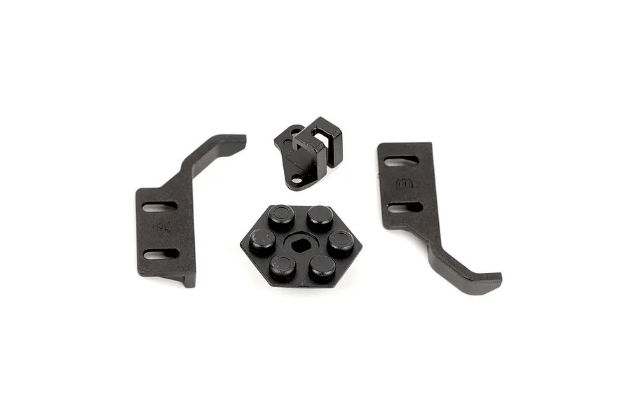 RGT battery block, cable clip, and gear mount spare parts laid out on a plain white background.
