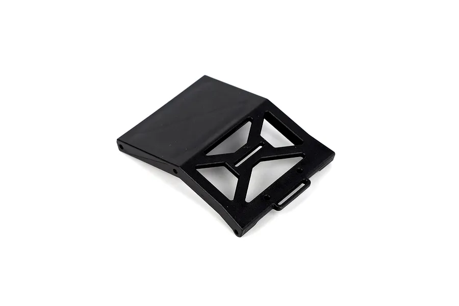 Black molded plastic chassis plate or skid plate component for an RC vehicle on a white background.