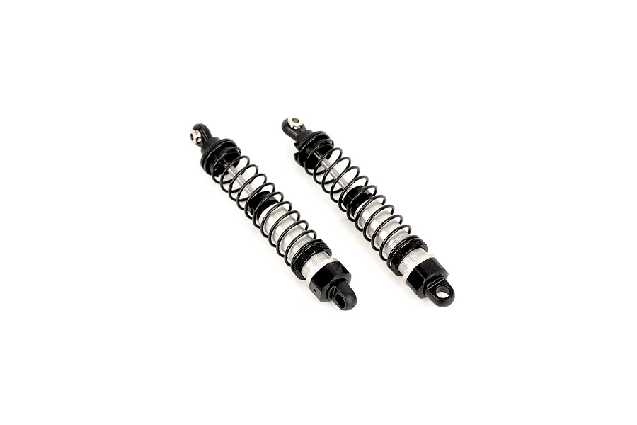 Two complete RC shock absorbers with black springs, silver threaded bodies, and black plastic ends against a plain white background.