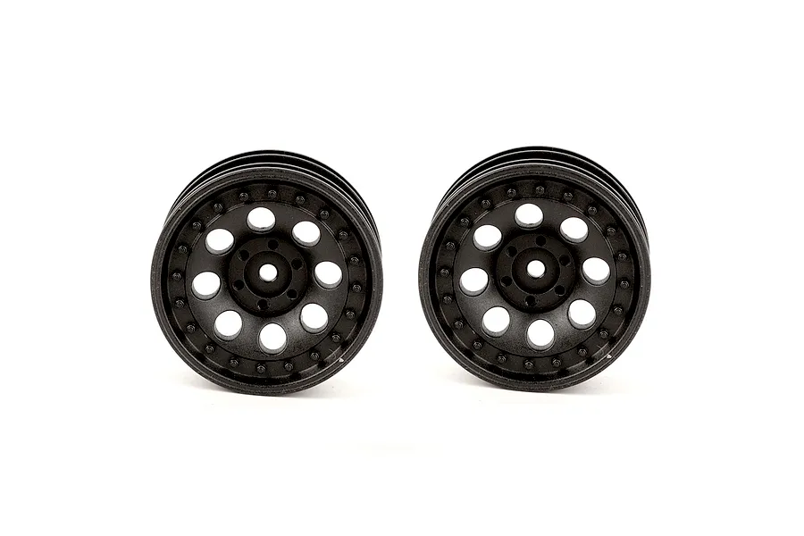 Two black RC crawler rims displayed side by side against a clean white background.
