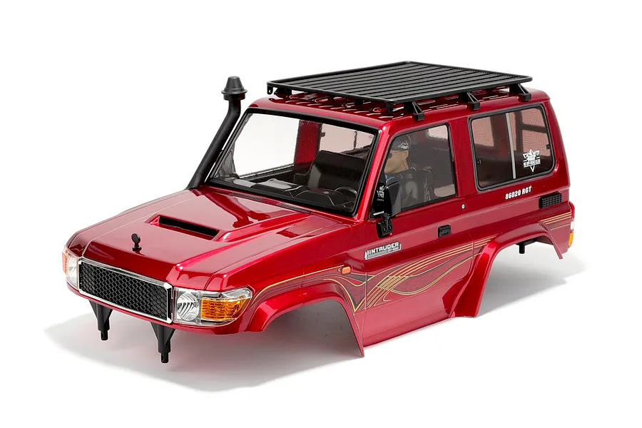 Red pre-painted RC body shell for the RGT 1/10 Intruder crawler, featuring a roof rack and snorkel on a white background.