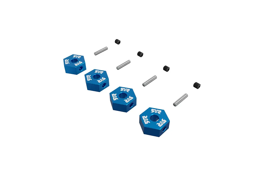 ARRMA blue aluminium 12mm clamping wheel hexes set of four with pins and set screws against a white background.