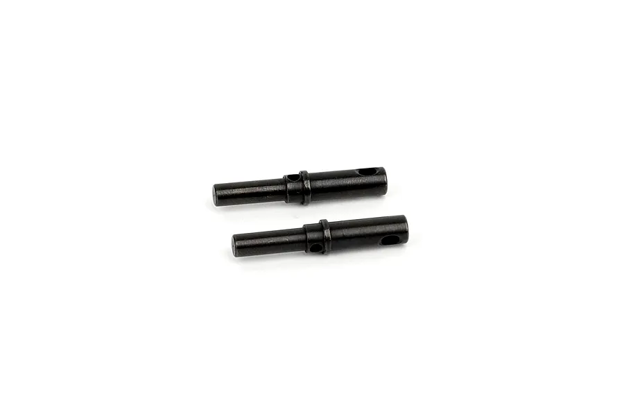 Two black metal gear shafts laid horizontally against a clean white studio background.