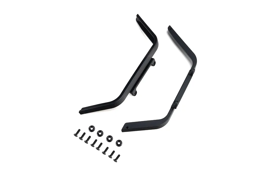 Axial black rear fenders and included mounting hardware hardware laid out on a white background.