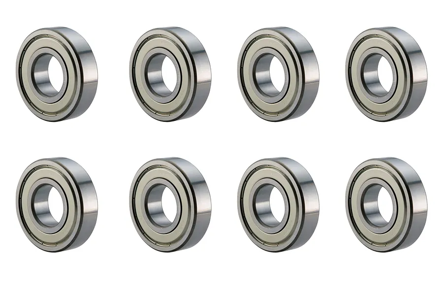 Set of eight RGT metal shielded ball bearings arranged in two rows of four against a clean white background.