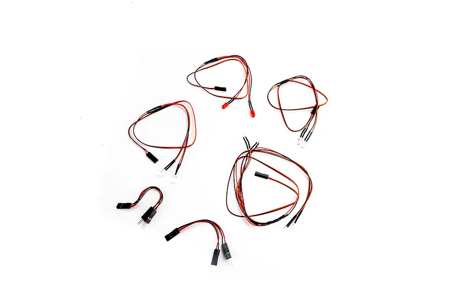 Axial LED light set containing multiple LED lights with red and black wiring harness and connectors on a white background.