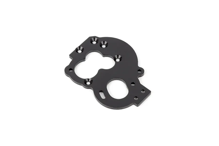 A black anodized aluminium motor mount plate for RC cars, featuring multiple mounting holes and cutouts on a clean white background.