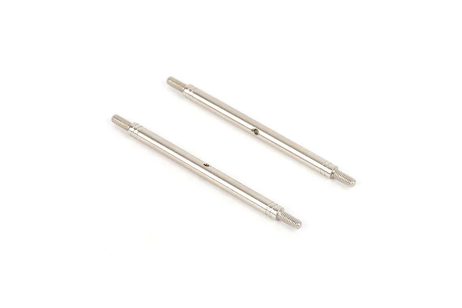 Two shiny metal threaded linkages displayed diagonally against a clean white background.