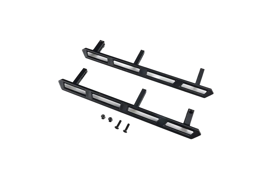 Axial black plastic rock sliders and mounting hardware set against a plain white background.