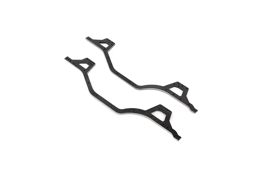 Two black metal RGT chassis rails with pre-drilled mounting holes displayed on a clean white background.