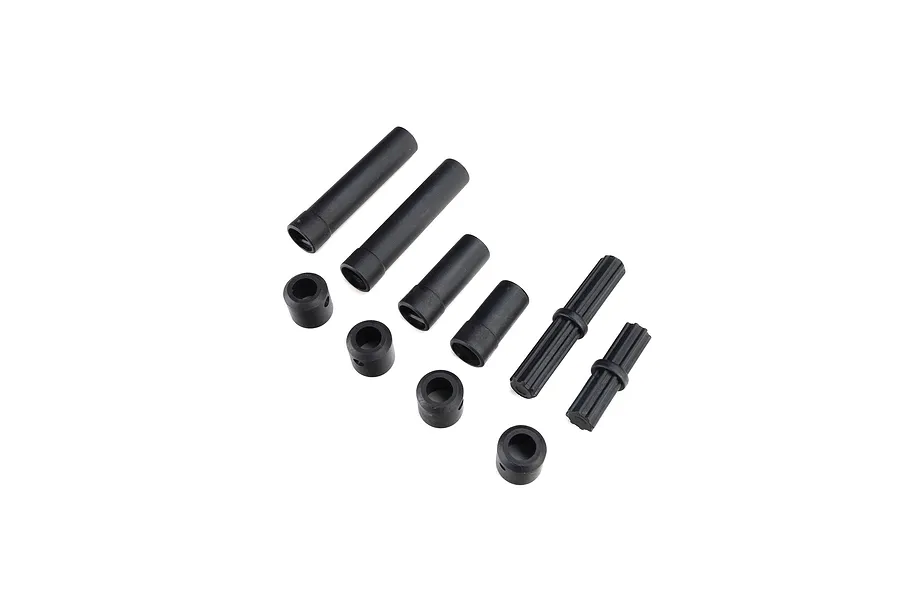 Axial driveshaft set components including black plastic shafts and collars laid out on a white background.