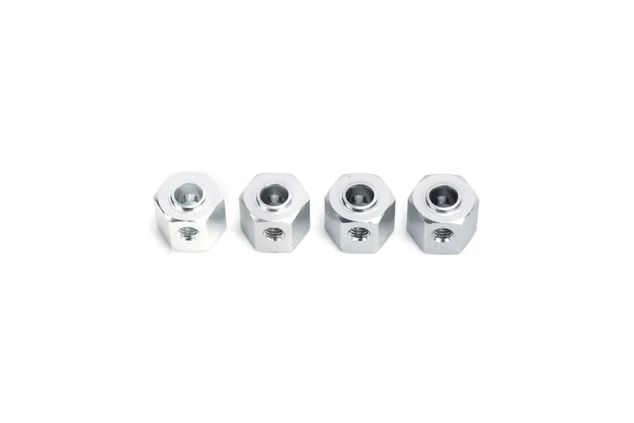 Four shiny silver metal wheel hex adapters lined up in a row against a plain white background.