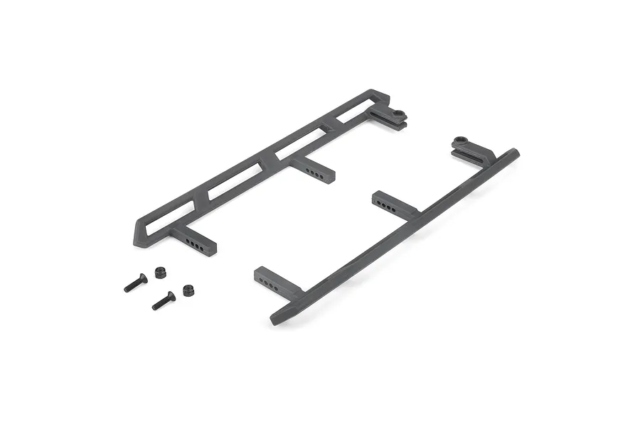 Axial gray rock sliders and mounting hardware for RC crawler, viewed from above on white background.
