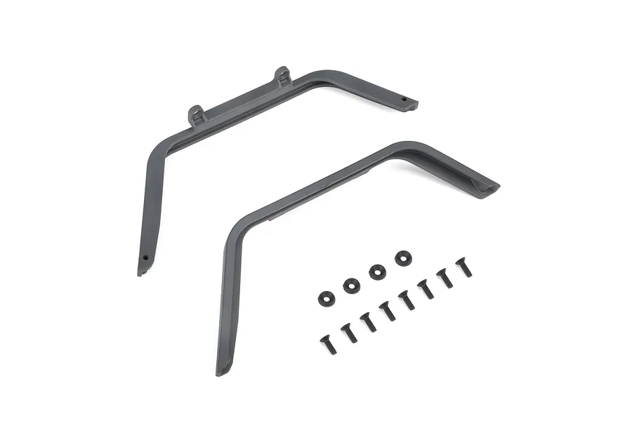 Axial gray rear fenders and accompanying mounting hardware including screws and washers on a white background.