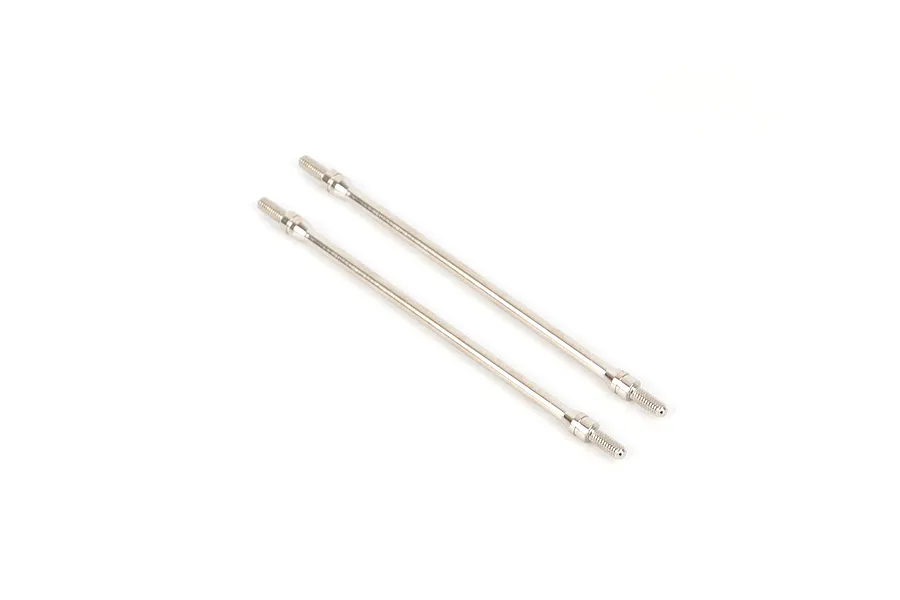 Two shiny metal steering linkages with threaded ends displayed diagonally against a plain white background.
