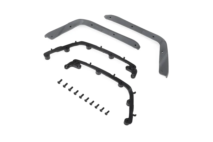 Axial front fenders in gray and black with mounting hardware laid out on a white background.