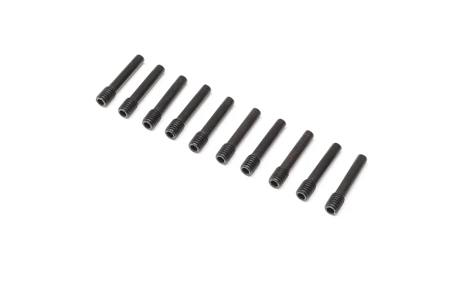 Ten black threaded grub pins or set screws arranged diagonally on a clean white background.