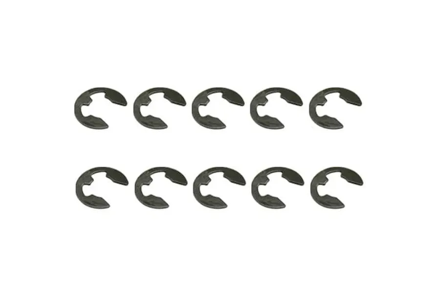 Ten assorted black metal E-clips arranged in two rows against a clean white background.