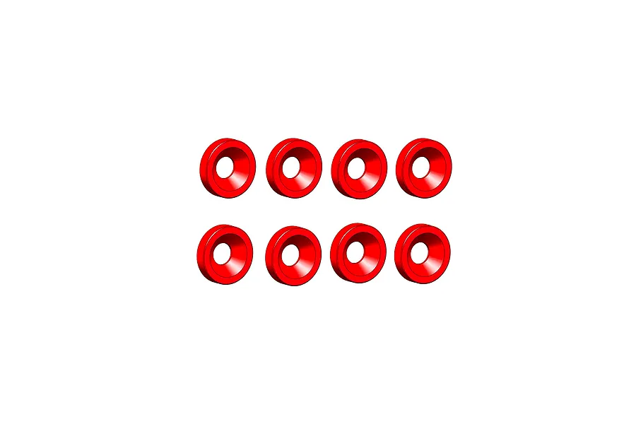 Eight red tapered washers or gaskets arranged in two rows of four on a plain white background.