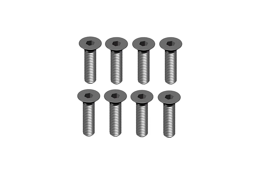 A studio product shot of eight metal countersunk screws with hexagonal socket heads arranged in two rows of four.
