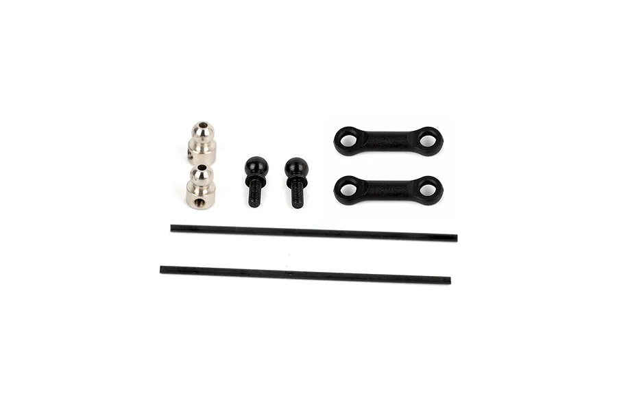 RGT Panhard bar set components including metal ball studs, threaded ball screws, small plastic links, and long black rods on a white background.